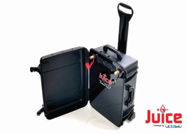 A black suitcase with the word 12v 110ah Power Pack on it.