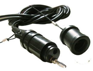 A black KCL MALE Connector with two wires attached to it.