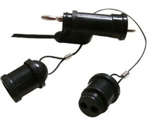 A pair of black KCL-4 DUAL Connectors with two wires attached to them.