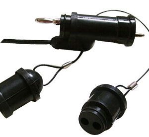 A pair of black KCL-4 DUAL Connectors with two wires attached to them.