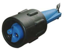 A blue plastic LCK MALE SCREW-ON Connector with a black handle.