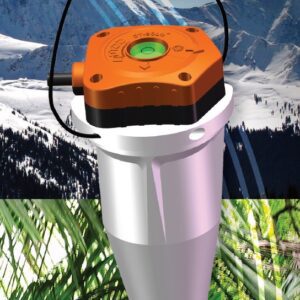 An image of a Solo 5hz 3-Component Geophones in front of a snowy mountain.