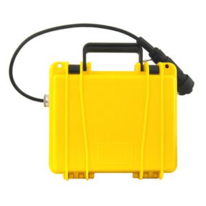 A yellow RTC Sealed Lead Acid Battery Boxes with a hose attached to it.